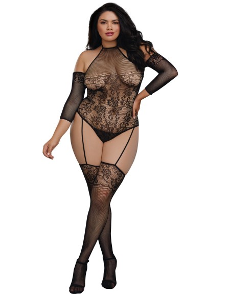 Bodystocking grande taille résille effet bas jarretelles 