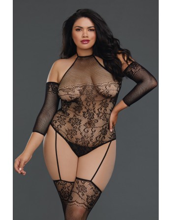 Bodystocking grande taille résille effet bas jarretelles 