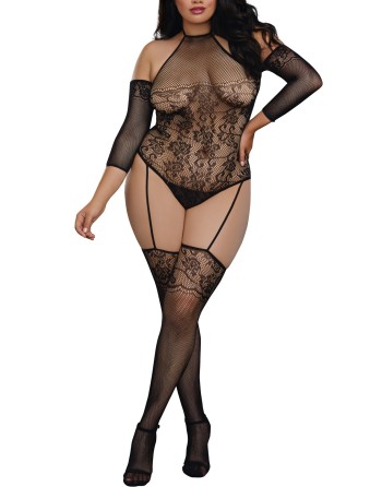 Bodystocking grande taille résille effet bas jarretelles 