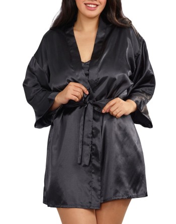 Nuisette grande taille noire avec peignoir satinés 