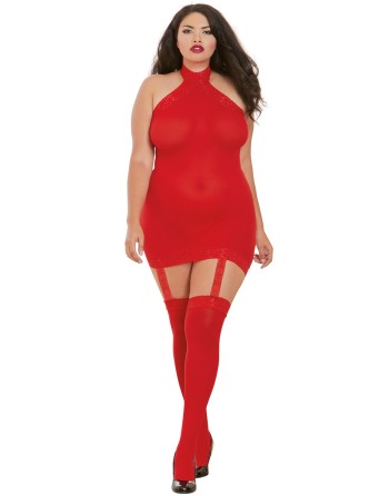 Bodystocking rouge grande taille effet guêpière avec dentelle 