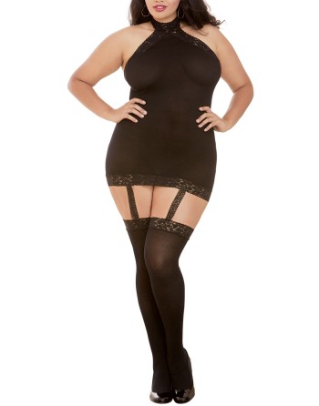 Bodystocking noir grande taille effet guêpière avec dentelle 