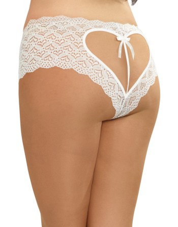 Shorty blanc grande taille de dentelle ouvert et ajouré sur les fesses forme coeur 