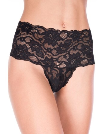 Tanga string noir grande taille large bande haute de dentelle florale 