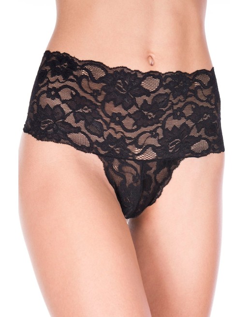 Tanga string noir grande taille large bande haute de dentelle florale 