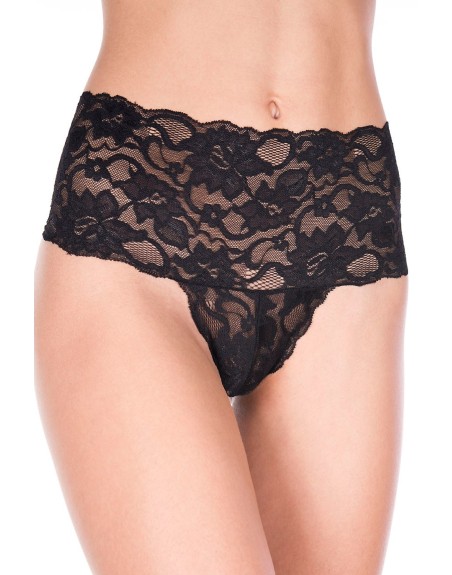 Tanga string noir grande taille large bande haute de dentelle florale 