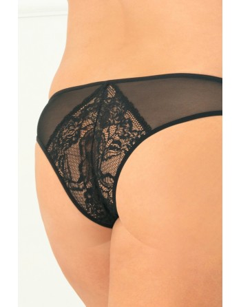 Tanga ouvert noir grande taille avec pièces dentelle sur les fesses 