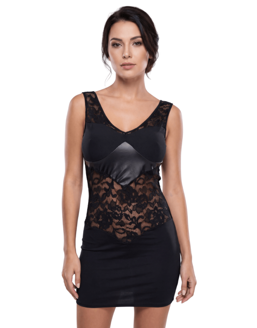 Robe cocktail empiècements dentelle et wetlook