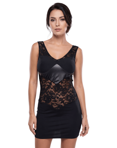 Robe cocktail empiècements dentelle et wetlook