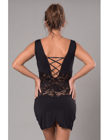 Robe cocktail empiècements dentelle et wetlook