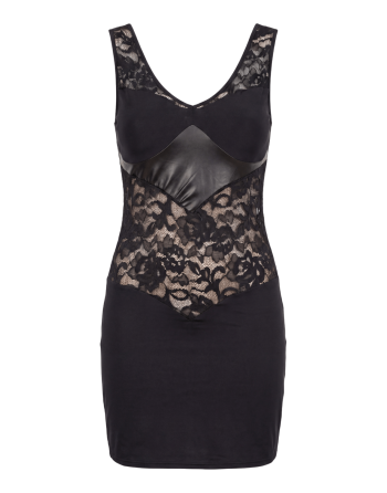 Robe cocktail empiècements dentelle et wetlook