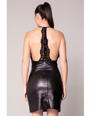 Robe cocktail noire simili cuir et dentelle Sophia