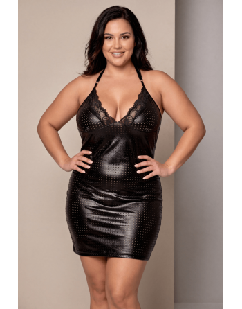 Robe cocktail noire simili cuir et dentelle Sophia