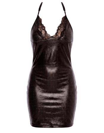 Robe cocktail noire simili cuir et dentelle Sophia