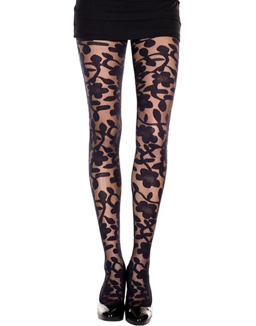 Collant noir imprimé floral 