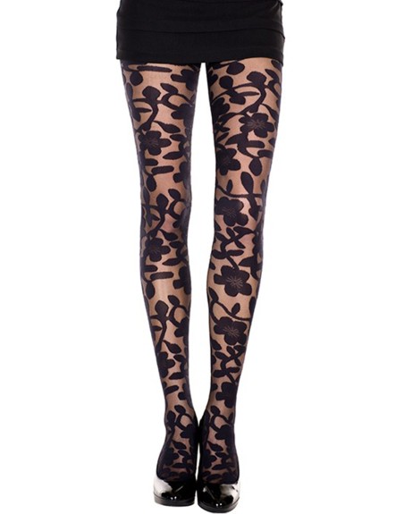 Collant noir imprimé floral 