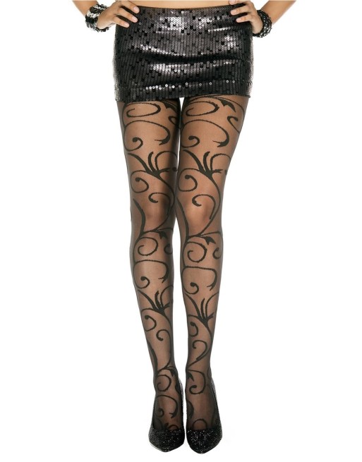 Collant fantaisie noir nylon avec fioritures 