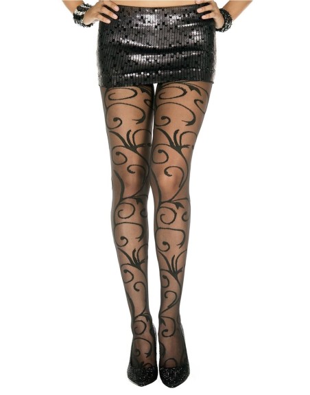 Collant fantaisie noir nylon avec fioritures 