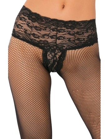 Collant noir résille effet string brésilien dentelle florale et coutures arrières 