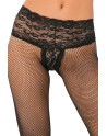 Collant noir résille effet string brésilien dentelle florale et coutures arrières 