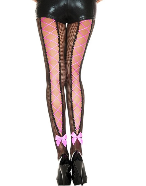 Collant résille noir avec laçage rose corset et noeud 