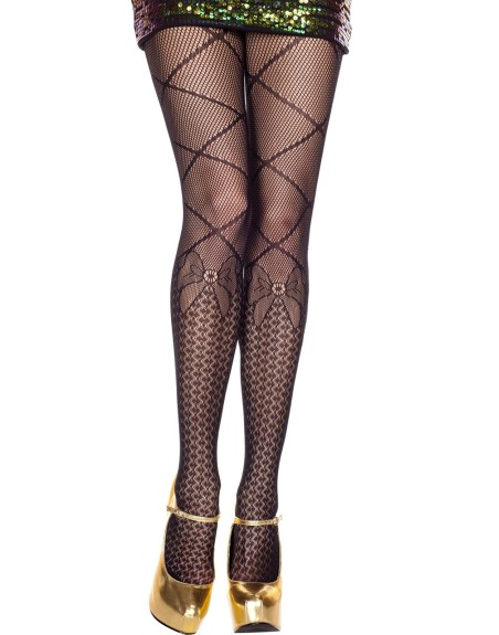 Collant noir fantaisie en résille avec imprimé socquette et petit nœud 