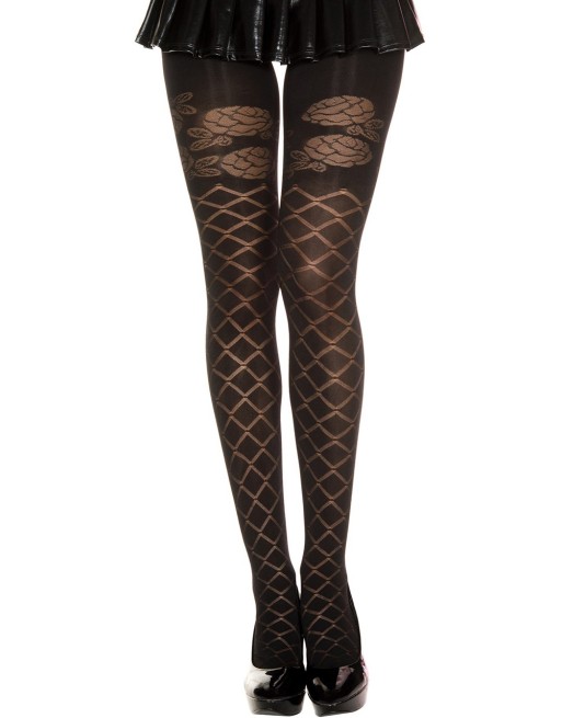 Collant semi opaque noir effet croisillons et fleurs 