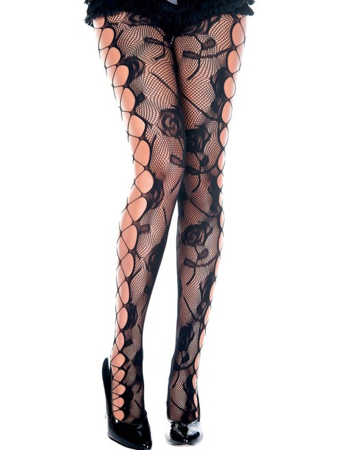 Collant fantaise noir résille et ajouré façon filet et fleurs 