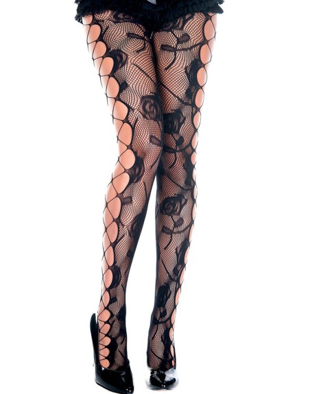 Collant fantaise noir résille et ajouré façon filet et fleurs 