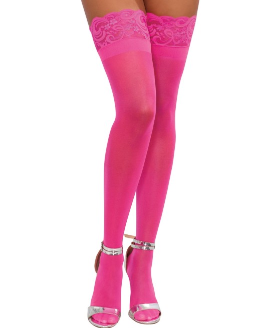 Bas roses nylon autofixants jarretières dentelle 