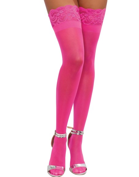 Bas roses nylon autofixants jarretières dentelle 