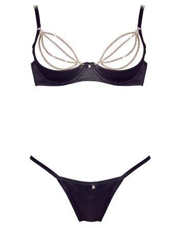 Soutien-gorge sexy demi-seins en satin avec chainette et string 