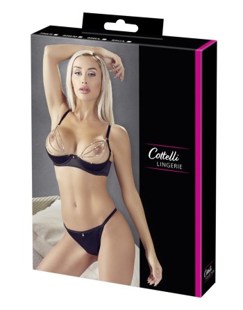 Soutien-gorge sexy demi-seins en satin avec chainette et string 