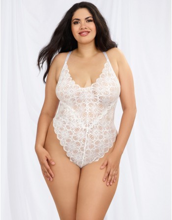 Body string grande taille blanc échancré dentelle avec jupe de maille transparente amovible - DG10996XWHT