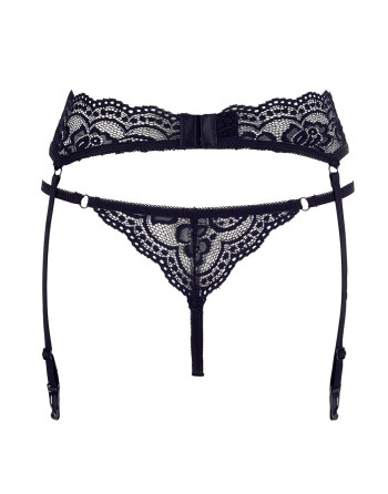 Porte-jarretelles en dentelle noire et string assorti 