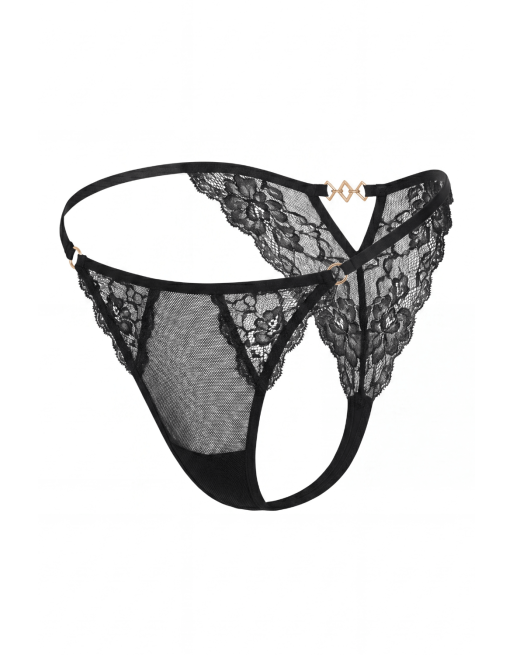 Tanga noir en dentelle avec bijou losanges dorés