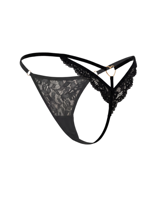 String noir en dentelle avec bijou cœur doré