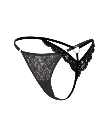 String noir en dentelle avec bijou cœur doré