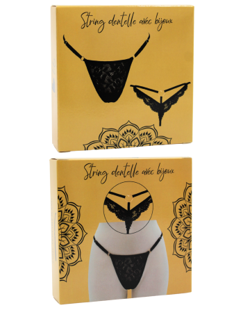 String noir en dentelle avec bijou cœur doré