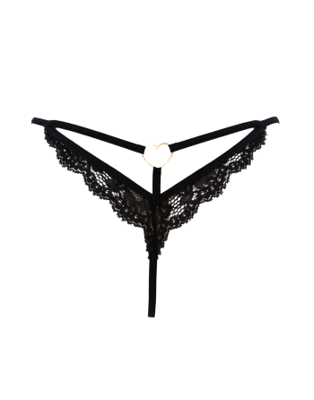 String noir en dentelle avec bijou cœur doré