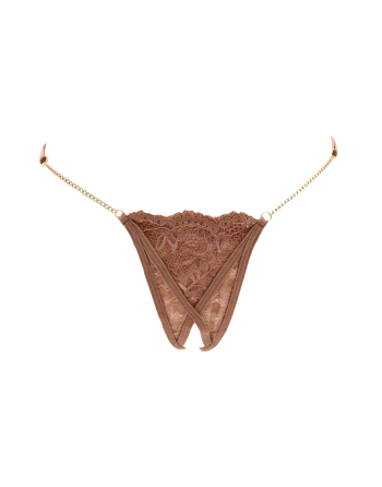 String en dentelle taupe ouvert avec chaînes dorées