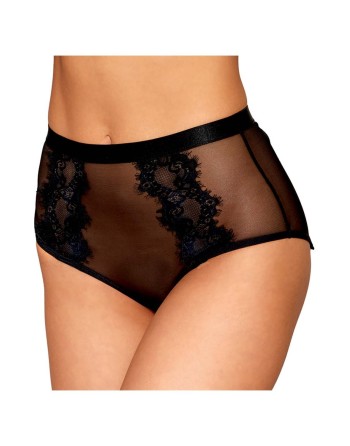 Culotte en résille et dentelle noire avec jarretelles roses 