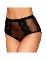 Culotte en résille et dentelle noire avec jarretelles roses 