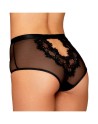 Culotte en résille et dentelle noire avec jarretelles roses 