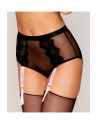 Culotte en résille et dentelle noire avec jarretelles roses 