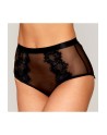 Culotte en résille et dentelle noire avec jarretelles roses 