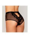 Culotte en résille et dentelle noire avec jarretelles roses 