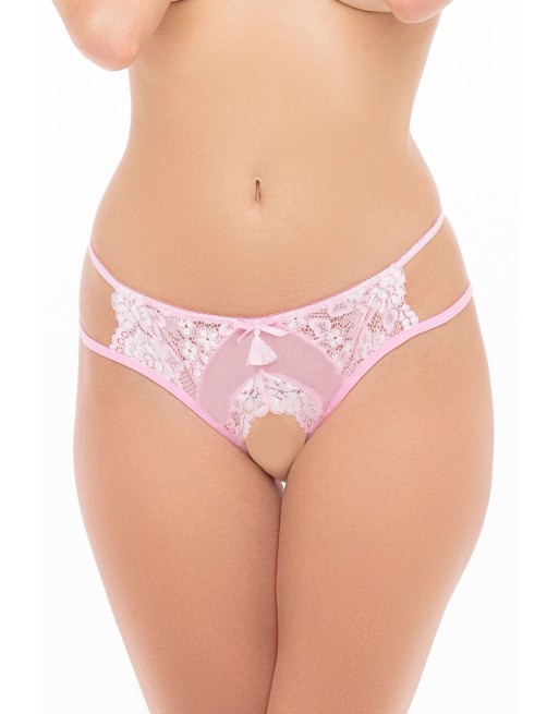 Shorty rose ouvert en résille et dentelle 