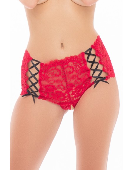 Shorty rouge en dentelle et rubans entrecroisés noir sur les côtés 