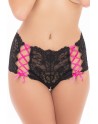 Shorty noir en dentelle et rubans entrecroisés rose sur les côtés 